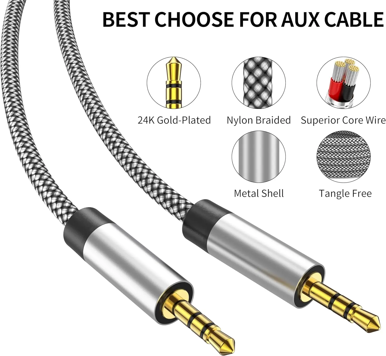 Cable auxiliar trenzado de nailon de 3,5mm, adaptador de entrada auxiliar de audio macho a macho para auriculares, coche, estéreos domésticos, altavoz