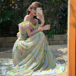 Robe longue à volants et décolleté plongeant pour les vacances à l'île, style féerique, avec ouverture dorsale complète, idéale pour <span class=keywords><strong>Sanya</strong></span> - Product Image 3