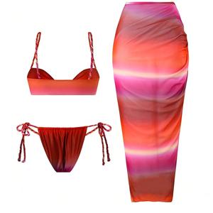 2026 Magnifique ensemble de maillot de bain 3 pièces pour femme, coupe coquine, bleu tie-dye irrégulier, avec corde tressée et dos nu à nouer - Product Image 3