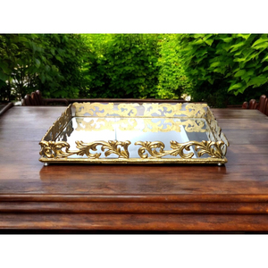 Luxury Decorative Metal Serving Tray with <b>Mirror</b> Base Gold Finish <b>Rectangular</b> Tray for Home Decor Table Serving - Product Image 1