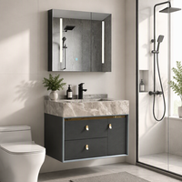 Meuble-lavabo de salle de bain de style farmhouse moderne et luxueux, résistant à l'eau, avec robinet mural et armoires de salle de bain avec miroir