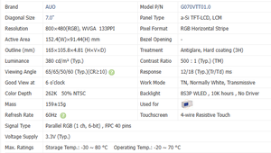 G070VTT01.0 Panel Táctil LCD Original AUO de 7'' 800x480, 380nits, Módulos LCD con Pantalla Táctil para Control Industrial - Product Image 2