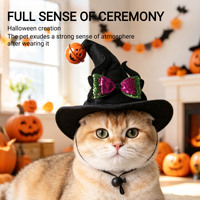 Chapeau de sorcière pour animaux de compagnie Halloween, casquette de sorcier, cloche citrouille, réglable, respirant, en feutre, pour chat et petit chien, accessoire effrayant pour la tête, chapeau de sorcière pour animaux