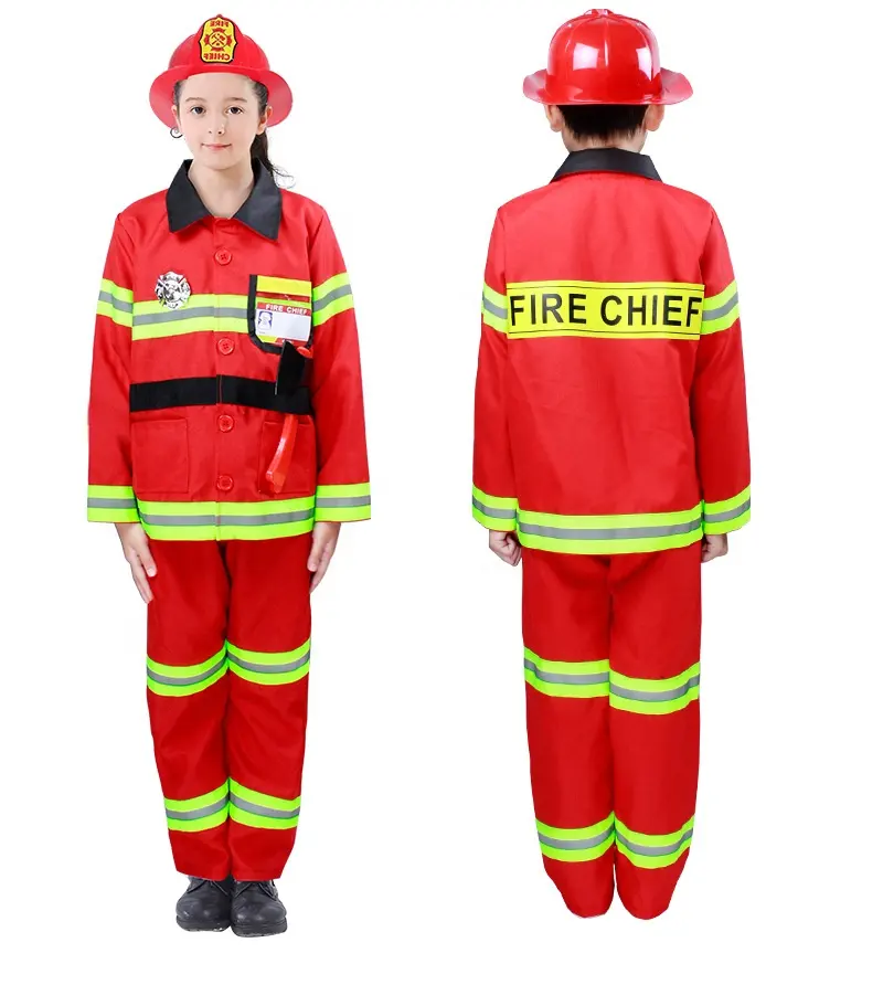 Halloween Doet Alsof Brandweercommandant Zich Verkleedt Rode Brandweerman Outfit Carrièredag Rollenspel Brandweerkostuum Voor Kinderen