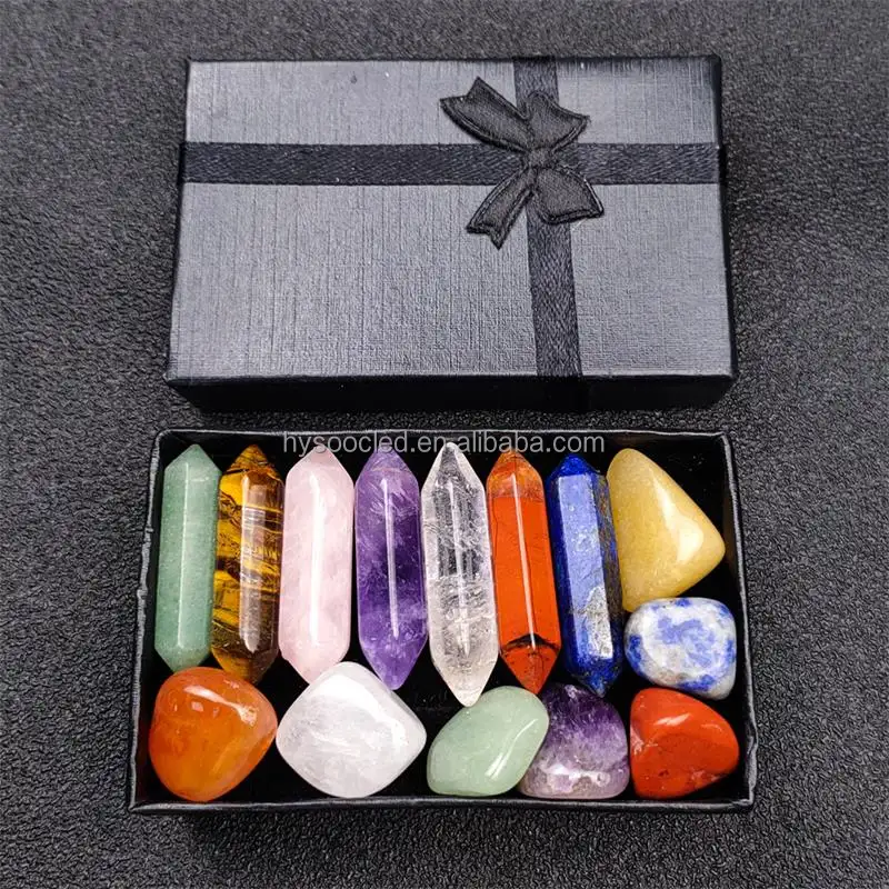 Натуральный шестиугольный энергетический камень 7 чакр, комплект, Подарочная коробка, кристаллы, лечебные камни, драгоценный камень, набор кристаллов чакр