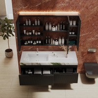 Mueble de Baño Flotante Minimalista de Madera Maciza Natural con Lavabo de Cerámica Integrado y Espejo LED Inteligente
