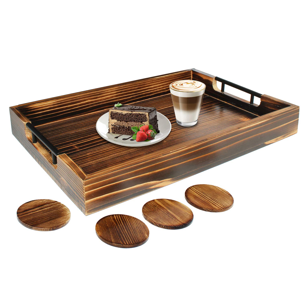 Большой деревянный сервировочный поднос с металлическими ручками включает в себя набор из 4 подставок, деревенский поднос для оттоманки, кофейный столик, поднос идеально подходит для коммутаций
