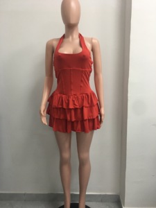 Vestido Mini Halter con Volantes Escalonados para Mujer - Vestido de Fiesta de Verano sin Mangas Ajustado a la Cadera, a la Moda - Product Image 5