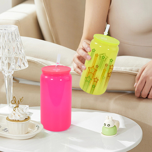 Blank Sublimation Neon Colored 16oz Glass <strong>Can</strong> <strong>Shaped</strong> Drinking Glass With Plastic Lid and Straw - Product Image 6