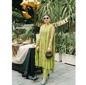 Pistachio Green Cotton Embroidered Kurta Pant Set with Dupatta Quick Dry Wrinkle Free Women's Ethnic Festive Wear - Product Image 2