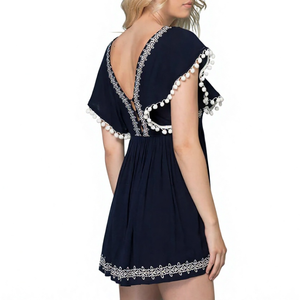 New Arrival Custom V Neck Embroidery <b>Boho</b> Mini <b>Dress</b> Flutter Sleeve Pom Pom A Line <b>Summer</b> <b>Dress</b> for Women - Product Image 2