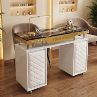 Station de manucure personnalisable de luxe avec plateau en marbre, table de manucure avec éclairage LED et collecteur de poussière