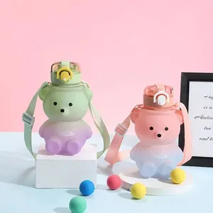 Gradients color bear plastic drink bottle with straw and handle Hot sale Tiktok cute water bottle girls plastic cup gourds