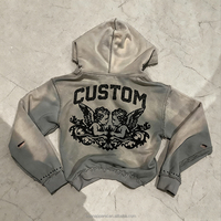 Sweat à capuche vintage en coton délavé et vieilli avec double fermeture éclair, imprimé personnalisé et strass, pour homme, effet déchiré et délavé à l'acide