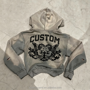Felpa con cappuccio vintage in cotone effetto sbiadito e distressed, con doppia zip, stampa personalizzata e strass, da uomo, lavaggio acido e strappi - Product Image 2