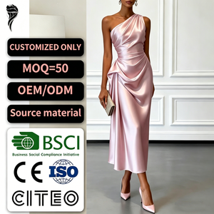 Robe de soirée élégante pour femme, asymétrique à une épaule, en satin, longueur midi, drapée, ajustée, style fourreau, personnalisable OEM ODM - Product Image 1