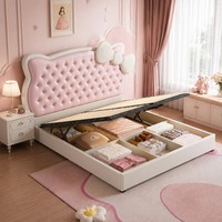 Cama de Almacenamiento Tapizada Rosa Princesa con Cabecero Acolchado con Lazo, Estructura con Elevación Hidráulica, Cama para Dormitorio de Niñas, OEM ODM, Venta al por Mayor