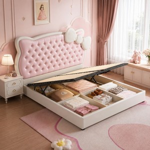 <span class=keywords><strong>Cama</strong></span> de Almacenamiento Tapizada Rosa Princesa con Cabecero Acolchado con Lazo, Estructura con Elevación Hidráulica, <span class=keywords><strong>Cama</strong></span> para Dormitorio de Niñas, OEM ODM, Venta al por Mayor - Product Image 5