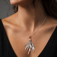 Böhmische Vintage Silber Feder Quasten-Halskette Schmuck mit Bernsteinperlen Herren-Anhänger-Halskette Ethnische Tribal Lange Halsketten