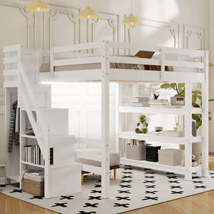 Cama alta blanca para niños con escaleras de almacenamiento y estante lateral para dormitorio - Product Image 1