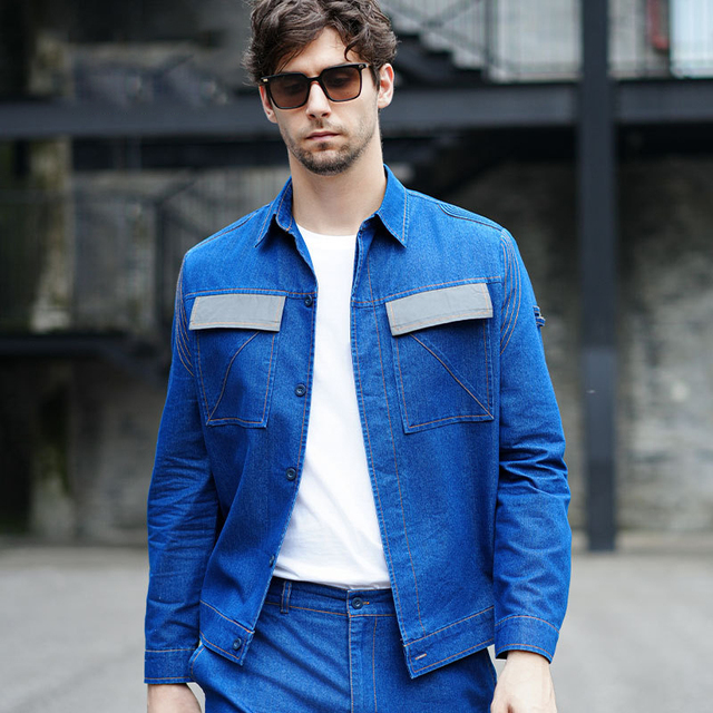 ESD Anti Static Lightweight Denim Work Shirt Long Sleeve Indigo Blue Breathable Button Down Dual Pockets Cotton