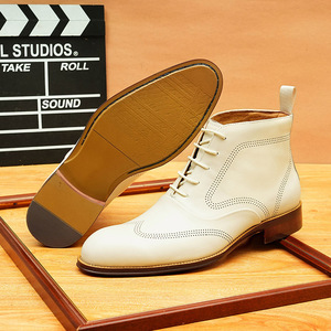 White-Metallic Brown Leather Hand-Painted Traditional British Embossed <b>Pointed</b>-Toe High-Top Business Shoes - Product Image 3