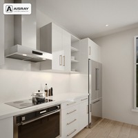 Meuble de cuisine sur mesure ultra brillant, aménagement îlot de luxe, fournitures pour projets résidentiels, boîtes en panneaux mélaminés et tiroirs à fermeture amortie