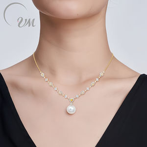 Collier en or 18 carats rempli de diamants naturels et de perles, pour fiançailles, mariage, unisexe, quotidien, commémoration, fête, vente en gros - Product Image 1