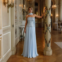 Robe de soirée formelle plissée en mousseline de soie sans bretelles, brodée de sequins bleu clair, modèle Jancember LSZ651
