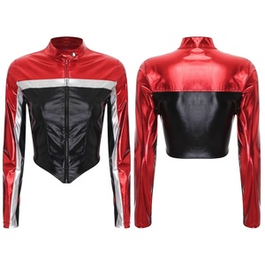 Veste Corset Courte Métallisée Color Block pour Femme en Similicuir Brillant à Fermeture Éclair Taille Haute, Manteau de Danse Latine et de Scène Personnalisé - Product Image 2