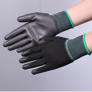 Ustomized-guantes de seguridad para trabajo de jardín, guantes de punto de poliéster de 13G, poliéster de poliuretano con revestimiento de trabajo negro al por mayor
