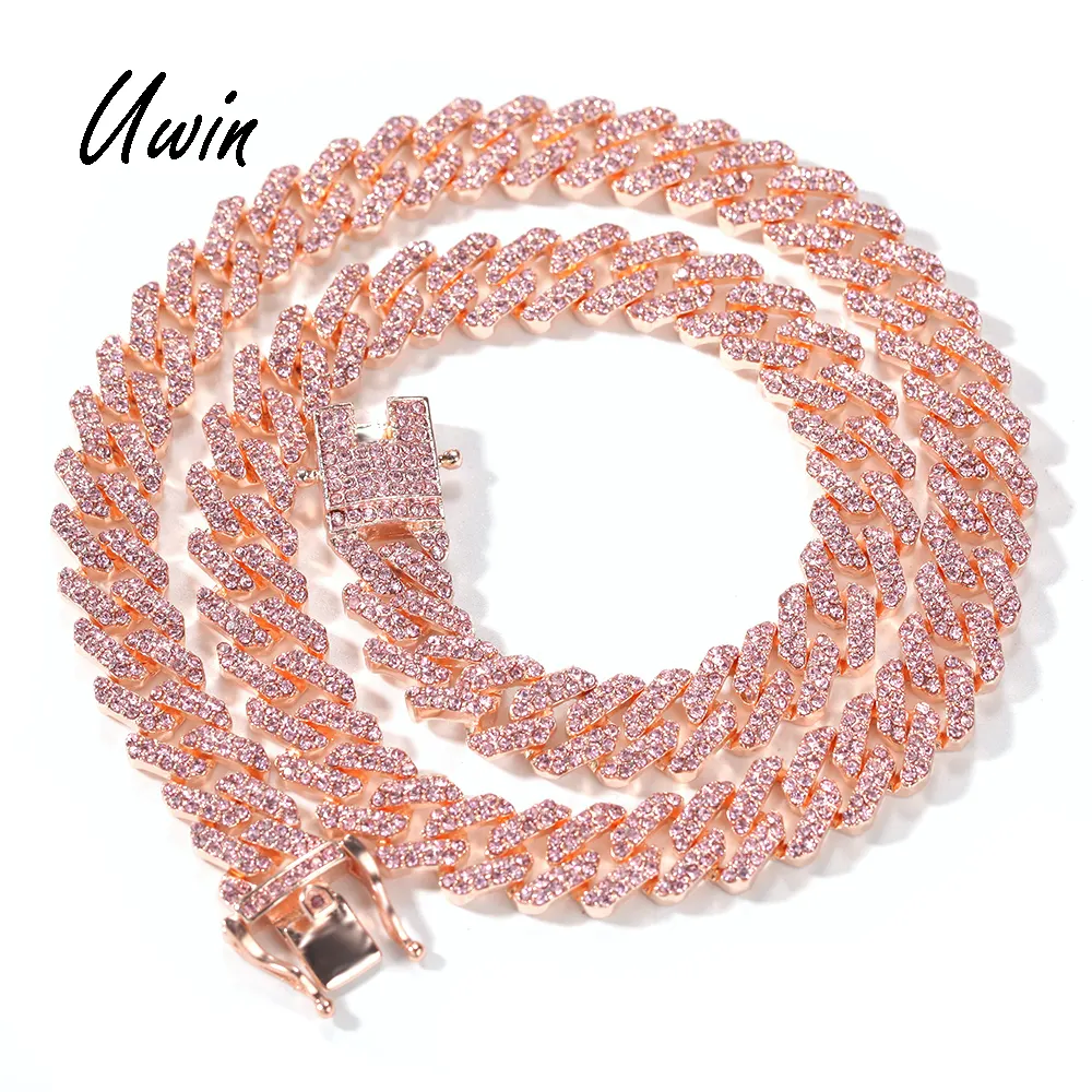 12ミリメートルPink Cuban Chain Iced Out Rhinestone Zinc Alloy Rose Gold Plating Miami Cuban Link Chain Necklace Wholesale Jewelry