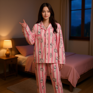 Pigiama da Donna ODM con Colletto, Bottoni, Maniche Lunghe e Pantaloni, Texture Delicata e Confortevole, Taglia XS, con Motivo Animale - Product Image 2