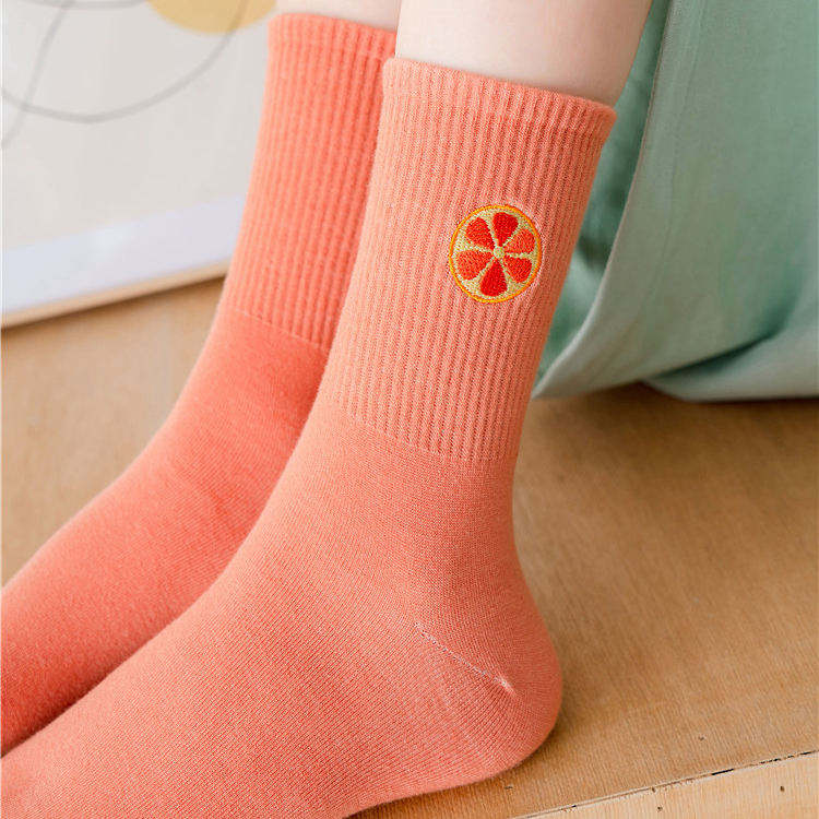 Custom Logo Fruit Embroidered Crew Socks for Men Women Colorful Cotton Casual Socks Wholesale OEM Fashion Sock Manufacturer