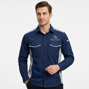 Chemise de travail en coton respirant pour homme, marine, avec bandes réfléchissantes, vêtements uniformes à manches longues respirants - Product Image 1