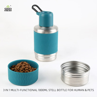 Bouteille d'eau pour chien en acier inoxydable 1L 3 en 1 Bouteille portable pour chien Conteneur de nourriture et d'eau