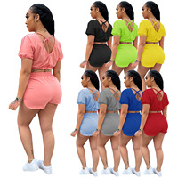 Vente en gros été 2023 nouveau haut court solide taille haute deux pièces pantalon tenues ensemble pour femmes vêtements
