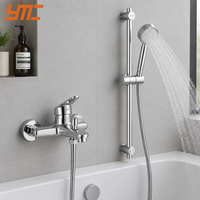 Ensemble de douche mural YMC chromé en acier inoxydable avec barre de douche coulissante ronde, douchette à main et jets à pulvérisation à pause