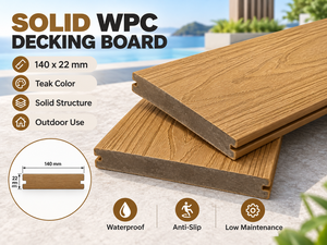 Planche de terrasse en WPC solide 140x22mm <span class=keywords><strong>couleur</strong></span> <span class=keywords><strong>teck</strong></span>, imperméable, antidérapante, longueur personnalisée pour usage extérieur - Product Image 1