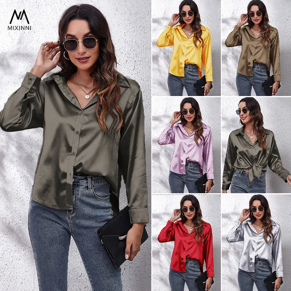 MXN 0212YT spring plus size women's clothing,Office lady pure color women's shirts,Satin blouse long sleeves top for women