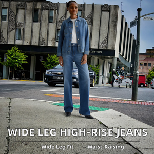 Vaqueros vintage de tiro alto y pierna ancha personalizados para mujer, de mezclilla lavada, ecológicos, de secado rápido, 100% algodón, con bolsillos inclinados y cinturón con anilla en D. - Product Image 2