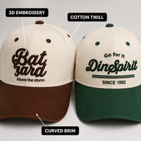 Casquette de baseball vintage bicolore en coton à six panneaux avec broderie de lettres, ajustable 56-62cm, logo personnalisé, vente en gros OEM, faible MOQ
