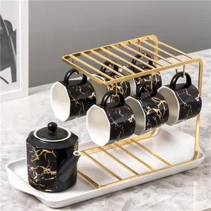 China Leverancier Kleur Glazuur Zes Delige Set Zwart Marmer Keramische Kopje Koffie Set Huishoudelijke Afternoon Tea Pot En Cup Sets