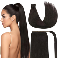 Extensions de queue de cheval à enrouler en cheveux humains Remy véritables pour femmes, lisses, brun foncé