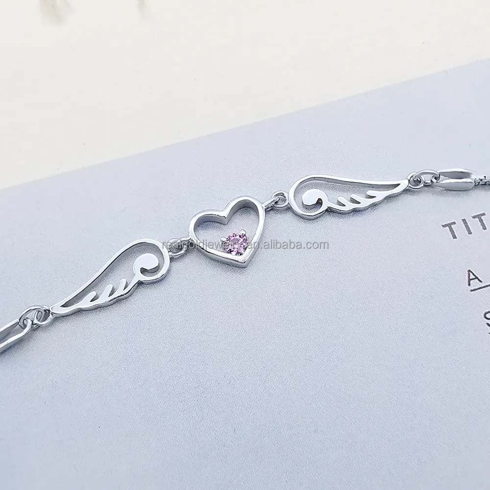 หัวใจที่น่ารัก14K ชุบทอง925เงินลูกบาศก์เพทายกำไลข้อมือ Angel Wing CHAIN Link Charm Bracelet ขายส่ง