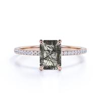 Bague de Fiançailles et de Mariage en Argent Sterling 925 avec Quartz Rutile Noir Naturel et Coupe Émeraude – Vente en Gros de Bijoux