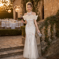Robe de cocktail sirène ivoire à col montant, en tulle perlé, manches bouffantes, broderie vigne, sequins, longueur ras du sol avec traîne, sur mesure, vente en gros