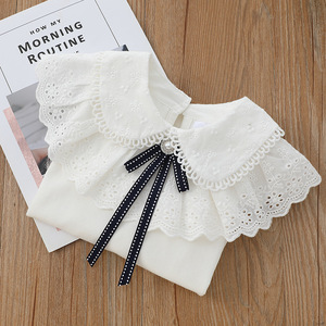 Maglietta bianca da bambina top abbigliamento primaverile maglietta a maniche lunghe in pizzo con colletto alla coreana per bambini maglietta da bambina - Product Image 3