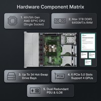 Servidor de Alto Rendimiento HPE ProLiant DL345 Gen11 2U, AMD EPYC 9124, 64 GB de RAM DDR5, PCIe 5.0, Servidor en Rack para Análisis de Big Data