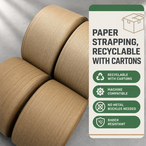 Bande de cerclage en papier sécurisée sans bords tranchants, thermoscellable, recyclable, en papier kraft, pour l'emballage logistique en entrepôt - Product Image 1